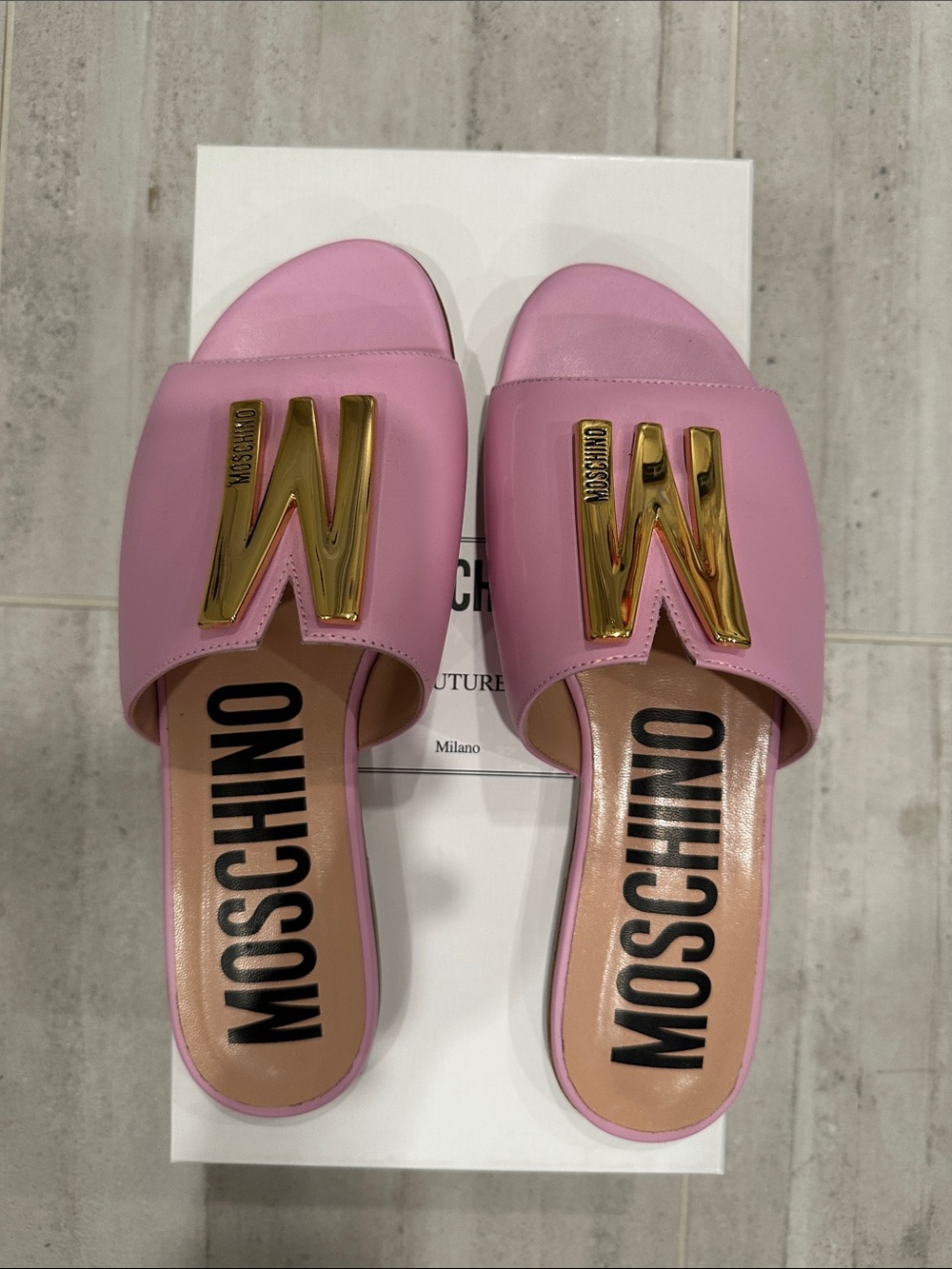 Moschino Pink Slide Sandals with Gold W Logo